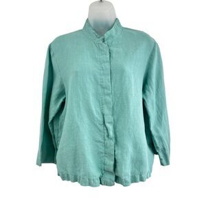 Bryn Walker Top Womens Medium 100% Linen Mother of Pearl Button Down Turquoise